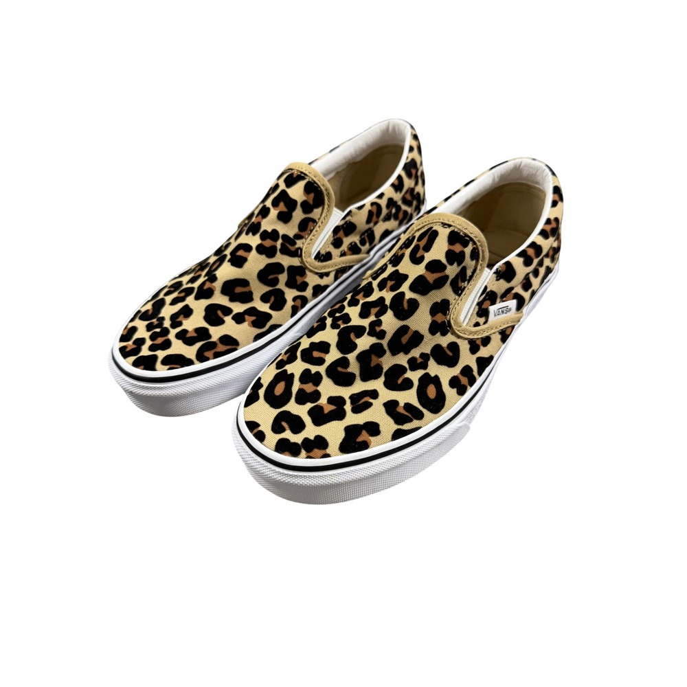 Vans Classic Slip-On Leopard Print Canvas Sneakers Womens 7.5 Tan Black